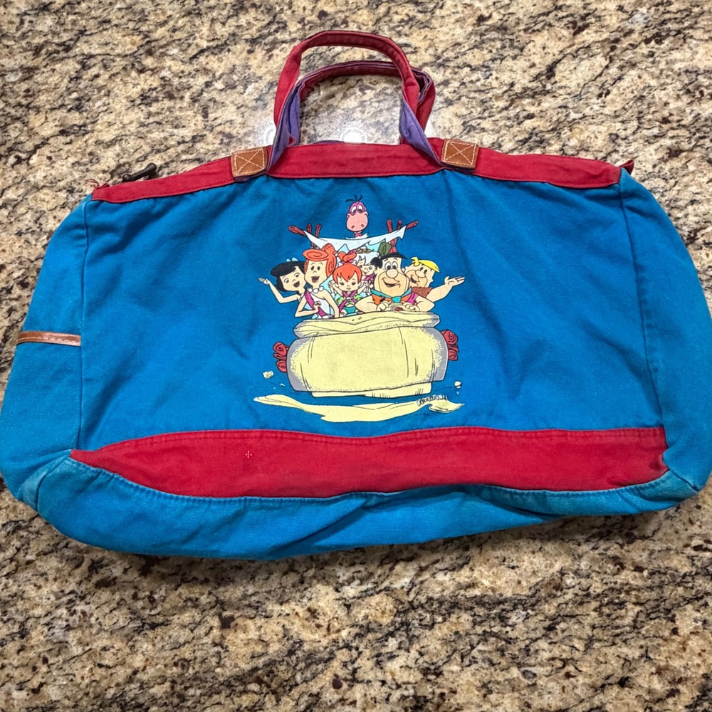 Vintage The Flintstones Canvas Duffle Bag Blue Red Cartoon Travel Gym Bag v